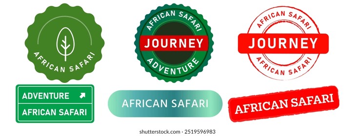 African Safari tourism destination wildlife journey stamp red green badge sticker sign design set collection