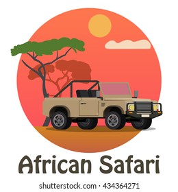 African Safari - Tourist Jeep On The Background Of The Savanna. Vector Concept.