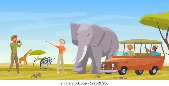 African safari travel adventure vector illustration. Cartoon man woman travelers making selfie photo with wild elephant animal, exotic tour to tropical savanna in National park of Africa background