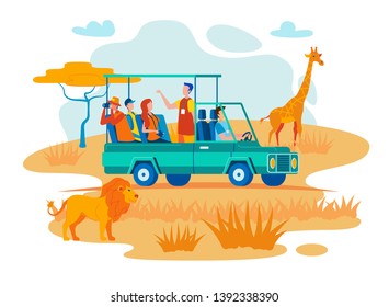 African Safari Travel Flat Vector Konzept. Führer mit Reisenden, Touristen machen Fotos von Wildtieren aus SUV in der afrikanischen Savanna Illustration. Exotische Tour im Tropischen Nationalpark