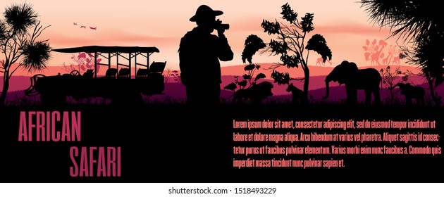 African safari traveler photograper with silhouettes of african wild lions elephants animals at pink sunrise or sunset. Car in African savannah. Realistic horizon landscape. Vector illustration Art