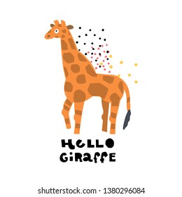 African safari vector set. Hand lettering quote - Hello Giraffe - with different illustrations around. Unique poster for your designs:t-shirts,bags,posters,merch.