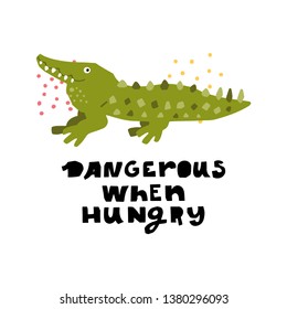 African safari vector set. Hand lettering quote - Dangerous When Hungry - with different illustrations around. Unique poster for your designs:t-shirts,bags,posters,merch.
