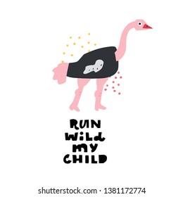 African safari vector set. Hand lettering quote - Run Wild My Child - with different illustrations around. Unique poster for your designs:t-shirts,bags,posters,merch.