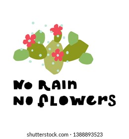 African safari vector set. Hand lettering quote - No Rain No Flowers - with different illustrations around. Unique poster for your designs:t-shirts,bags,posters,merch.