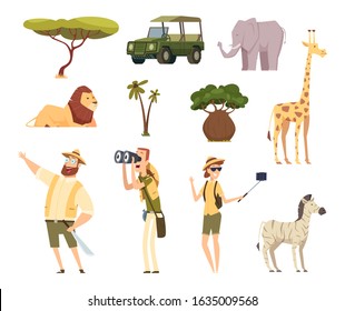 African safari. Wildlife animals travel car kenya jungle characters vector cartoon set