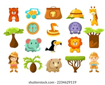 African Safari with Wildlife Animals and Travelers Character Big Vector Set