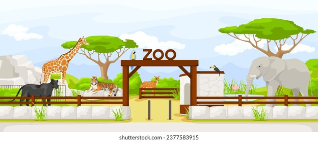 African safari zoo entrance. Large giraffe, cartoon animal. African elephant, tourist vacation. Lying tiger and black puma. Beautiful landscape. Savannah tree. Ticket selling. Vector illustration.