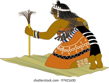 African Sangoma Or Spirit Diviner Kneeling On Mat.