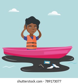 African sanitation worker floating on a boat in polluted water. Frustrated woman clutching head while looking at polluted water. Water pollution concept. Vector cartoon illustration. Square layout.