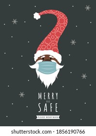 African Santa Claus wearing protective face mask against coronavirus. New year greeting card with quote Merry and Safe. Vector illustration in flat style. Christmas design for poster, banner, flyer.