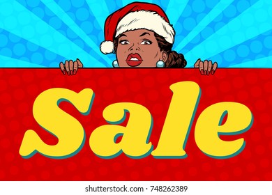 African Santa girl and sales poster. Pop art retro vector Illustrator