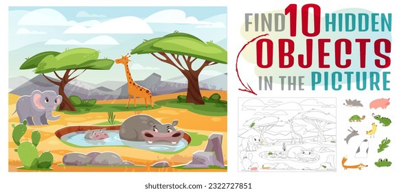 African savanna animals. Find hide fox, frog, turtle, hare and hedgehog in picture. Educational children game with funny characters. Puzzle with 10 hidden objects. Cartoon flat vector illustration