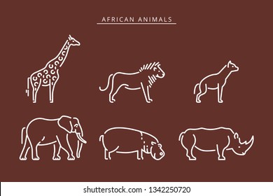 African savanna animals set outline icon. Elephant, giraffe, hippo, rhinoceros, lion,  hyena outline vector icon. Vector illustration african safari animals outline illustration.