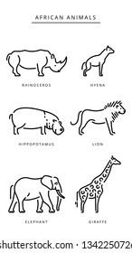 African savanna animals set outline icon. Elephant, giraffe, hippo, rhinoceros, lion,  hyena outline vector icon. Vector illustration african safari animals outline illustration.