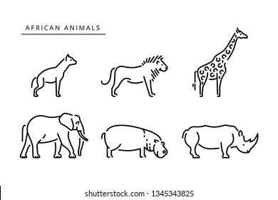 African savanna animals set outline icon. Elephant, giraffe, hippo, rhinoceros, lion,  hyena outline vector icon. Vector illustration african safari animals outline illustration.