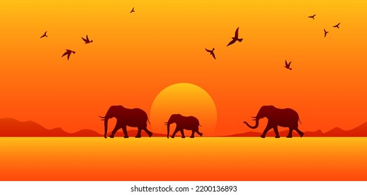 La sabana africana hermosa ilustración horizontal vectorial. Tres elefantes caminando en el horizonte del desierto. La puesta de sol roja en África. Migración familiar de mamíferos. Silueta elefante, amanecer. Afiche de la vida salvaje