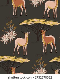 African savanna desert animals, deep, antelope, dry tree, cactus landscape seamless pattern. Vector safari wildlife texture illustration. Travel wild park  background, summer decoration .