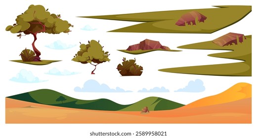 African savanna elements cartoon collection. Vector isolated mountains, trees and bushes, grass and stones, sandy and grassy valleys. Components of landscape with hills, greenery and desert mound