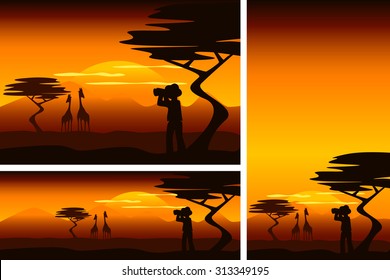 African savanna with explorer and giraffes in different formats