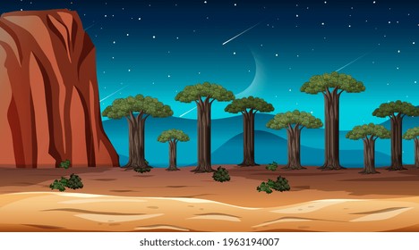 African Savanna forest landscape scene at night illustration