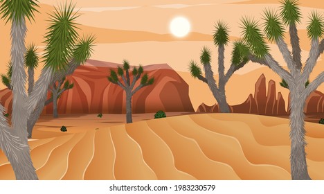 African Savanna forest landscape scene at sunset time illustration