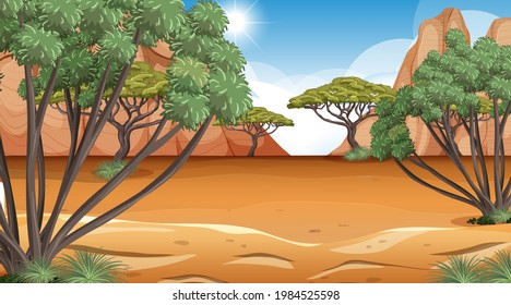 African Savanna forest landscape scene at day time illustration