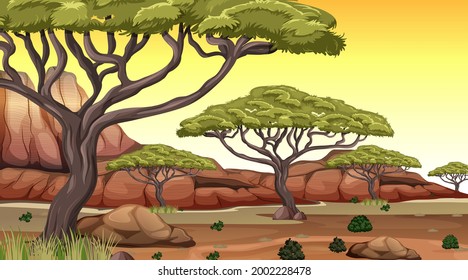 African Savanna Forest Landscape Scene At Sunset Time Illustration