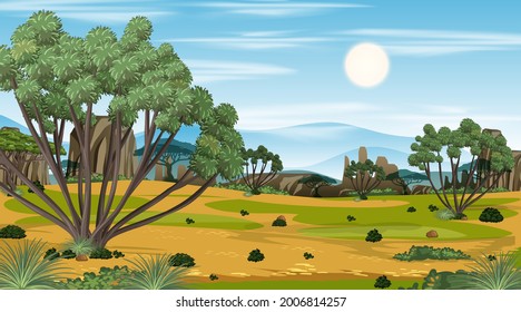 African Savanna forest landscape scene at day time illustration