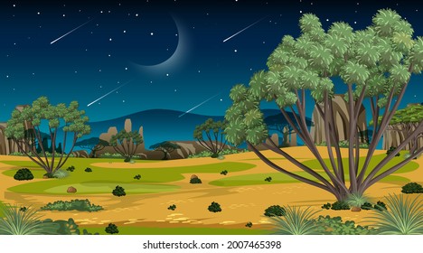 African Savanna forest landscape scene at night illustration