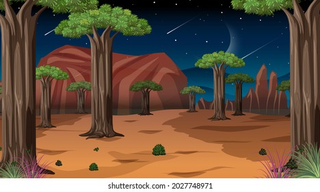 African Savanna forest landscape scene at night illustration