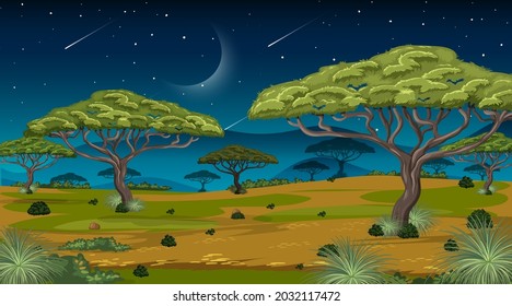 Escena del paisaje forestal de la sabana africana en ilustración nocturna