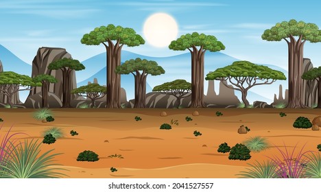 African Savanna forest landscape scene at day time illustration