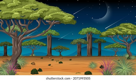 Escena del paisaje forestal de la sabana africana en ilustración nocturna