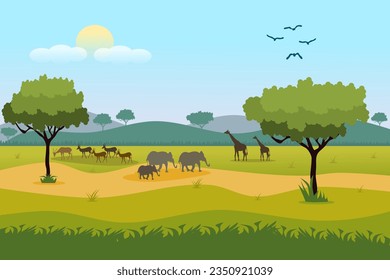 African Savanna forest landscape scene illustration with giraffe, deer, elephant, and bird.