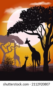African savanna giraffe silhouette. Landscape. Africa. Bright vector illustration. Wildlife.