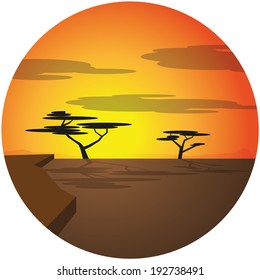 african savanna illustration with sunset, trees and clouds