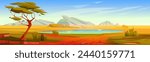 African savanna landscape with acacia tree, water in lake and stone mountains on horizon. Africa desert scenery with nature and road. Cartoon vector illustration of wilderness safari panorama.