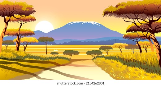 Paisaje de sabana africana con árboles de acacia en el primer plano y el Monte Kilimanjaro en el fondo. Ilustración de vector de dibujo hecha a mano.