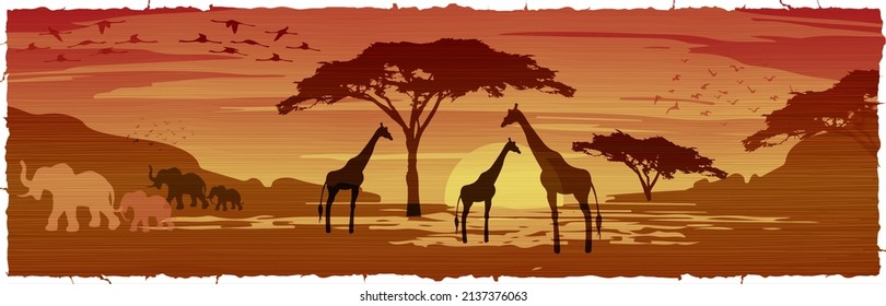 African savanna landscape at sunset, Silhouettes of animals and plants, nature of Africa. Reserves and national parks, vector batik background