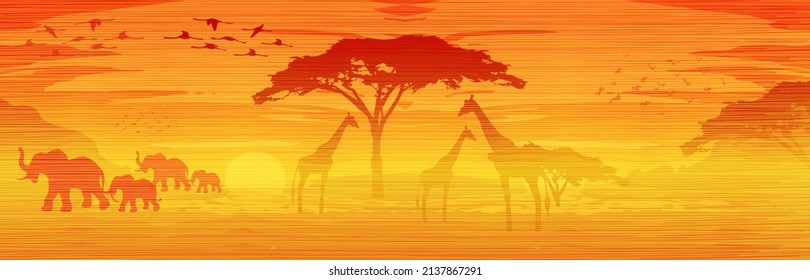 African savanna landscape at sunset, Silhouettes of animals and plants, nature of Africa. Reserves and national parks, orange vector batik background