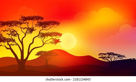 African Savanna Landscape Sunset Sunrise Trees Stock Vector (Royalty ...