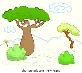 African savanna landscape with trees. Cute giraffe vector illustration. African savanna wildlife. Savanna landscape in nursery style. Africa nature cartoon banner template. Hot climate environment