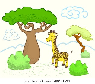 African savanna landscape with trees and giraffe. Cute giraffe vector illustration. African savanna wildlife. Savanna landscape in nursery style. Africa nature cartoon banner template. Smiling giraffe