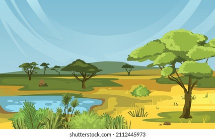 El paisaje de la sabana africana. Ilustración vectorial de la vida salvaje.	
