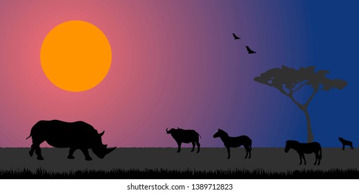 African savanna landscape. Wild animals in National park. Safari travel concept