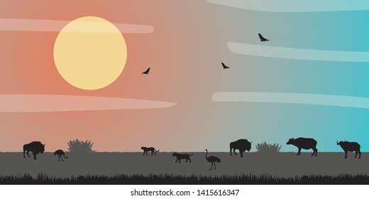 African savanna landscape. Wild animals in National park. Safari travel concept.