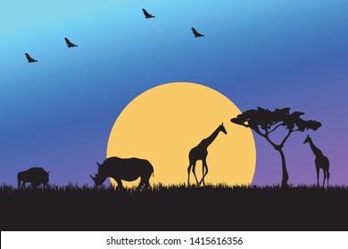 African savanna landscape. Wild animals in National park. Safari travel concept.