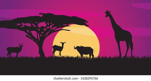 African savanna landscape. Wild animals in National park. Safari travel concept