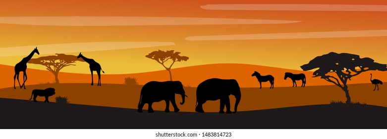African savanna landscape. Wild animals in National park. Safari travel concept